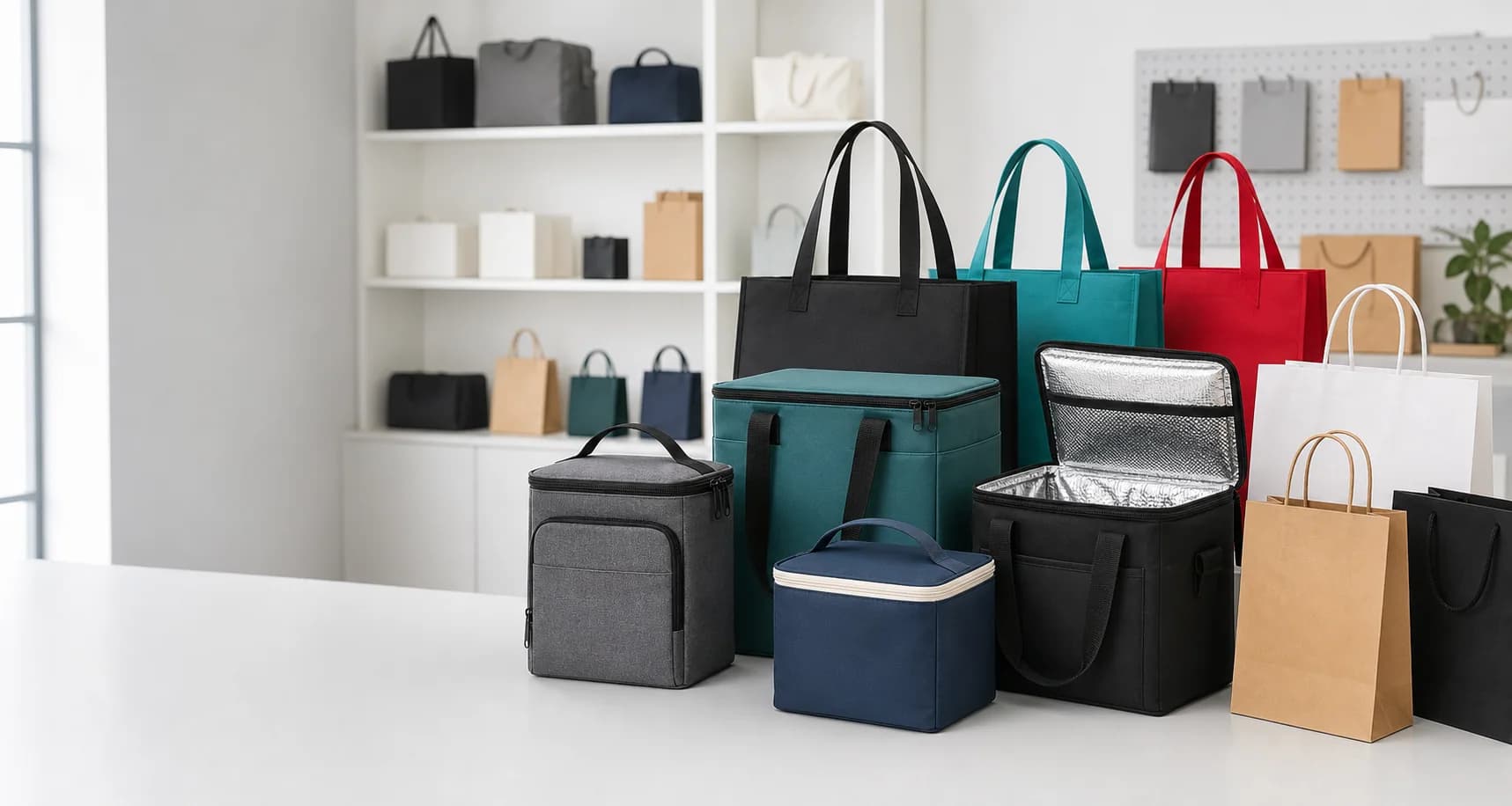 Custom insulated bags, reusable bags and retail packaging displayed in a clean product studio